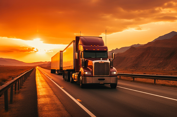 Semi-Truck running at sunset